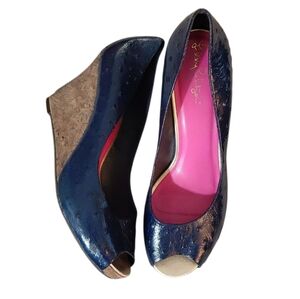 Lilly Pulitzer Wedges Blue Ostrich Embossed Leather Wedge Size 8.5 M